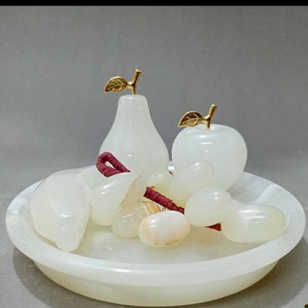 Marble Fruit Tray Set, Hand Crafted Decorative Onyx Round and Leaf Shape Tray with Marble fruits Grape Apple Banana and Pear